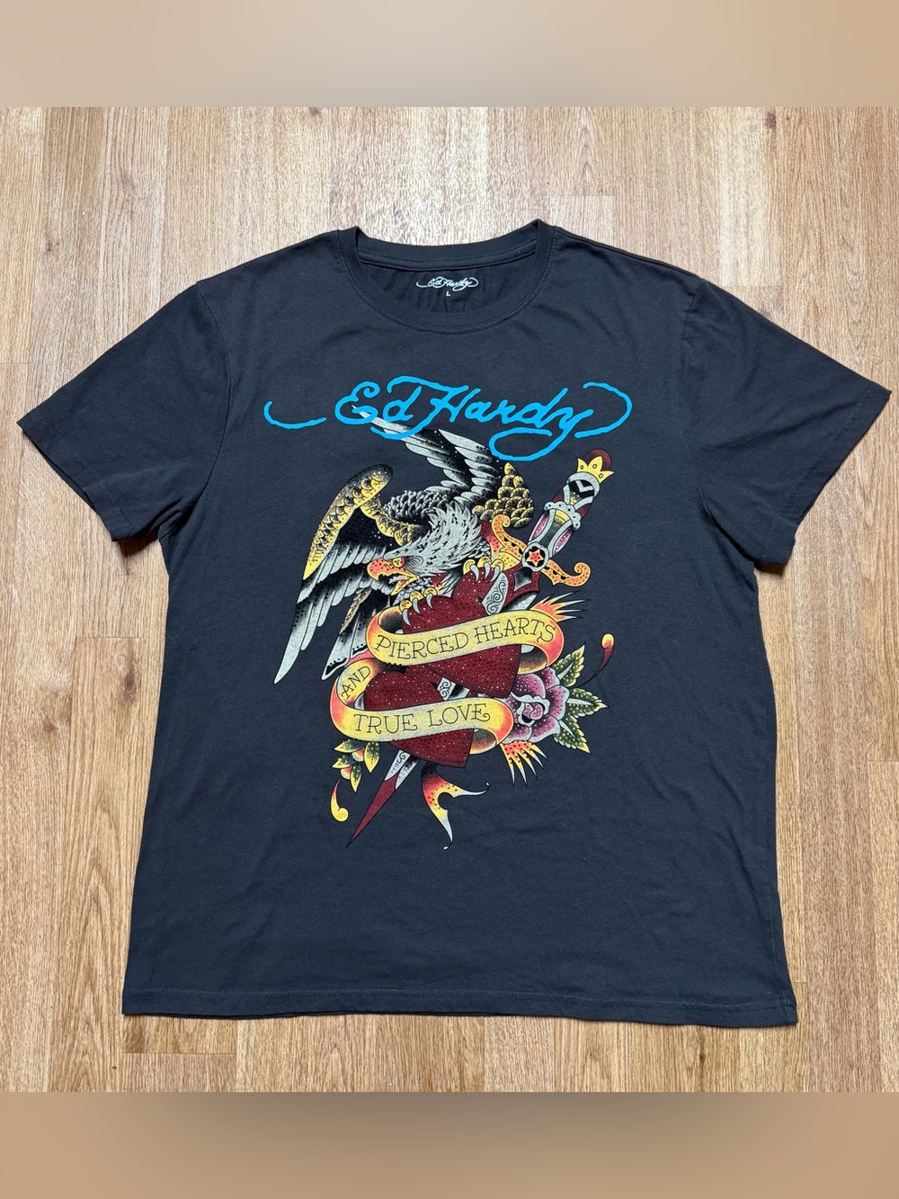 Ed Hardy Rhinestone Eagle Dagger Pierced Hearts True Love Graphic Tee Mens Large
